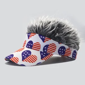 Novelty sun visor hat with grey hair and American flag heart pattern for parties.
