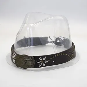 Retro western cowboy hat band with metal bull skull buckle and flower rivet decorations.