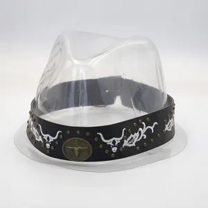 Retro bull head embroidered hat band with metal studs, vintage style hat accessory details.