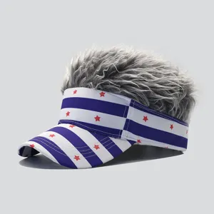 Novelty grey hair visor cap with blue white stripes and red stars for street fashion outdoor.