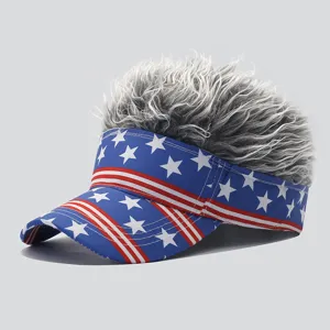 Novelty US Flag Baseball Cap With Synthetic Wig Hair Outdoor Sun Protection Adjustable Novelty Party Hat For Adults