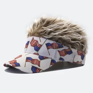 American flag sun visor hat with funny blonde faux wig hair for outdoor party festival.