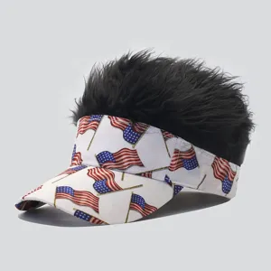 Close-up detail of the American flag visor hat with fake black hair, novelty street style cap.