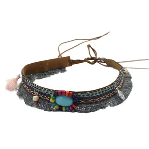 Ethnic boho braided hat accessory with turquoise stone beads and fringe tassels for men women.