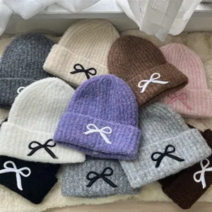 Women winter knitted beanie hat cute bow warm thick pullover cap multiple colors