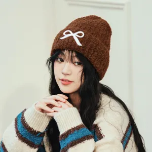 Brown knitted beanie hat for women winter cute white bow warm wool cap stylish cozy headwear