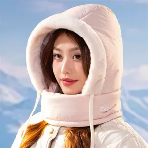 Pink winter warm quilted hooded scarf hat with soft plush trim for cold weather outdoor.