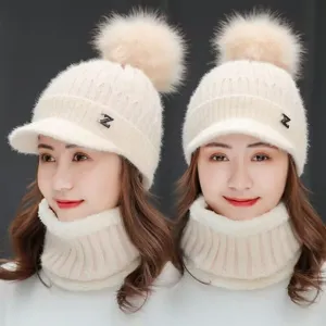 Women Winter Thermal Knit Beanie Hat With Scarf Set Casual Windproof Fleece Lined Ear Protection Outdoor Cycling Cap Pom Pom Decor