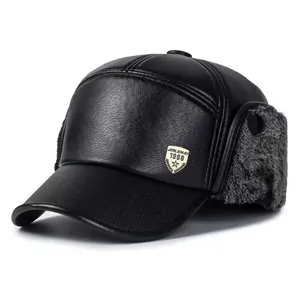 Detailed view of winter black leather earflap cap for men, warm plush lining design.