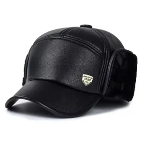 Winter men leather flat top earflap cap warm thick fleece baseball hat black design
