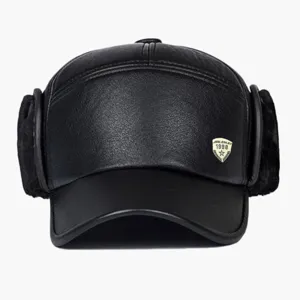 Black leather flat cap with warm earflaps for men winter outdoor cold weather protection.