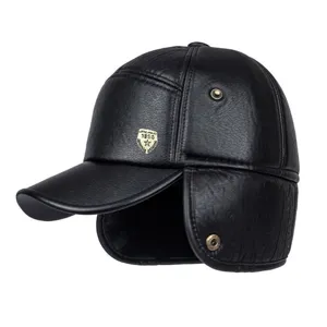Men's winter leather duckbill hat warm fleece thick flat top cap with earflaps black