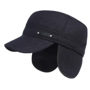 Hombre invierno caliente gorra plana con orejeras negro cadet sombrero grueso vellón.