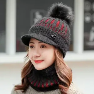 Womens fleece lined winter knit hat with visor and pom pom warm ski beanie cap