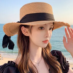 Korean style womens straw hat with black ribbon, wide brim breathable summer sun protection cap.