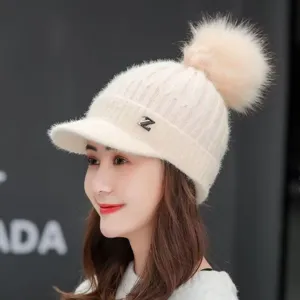 Women winter thick knitted beanie hat with plush pom pom brim and stylish metal letter decor