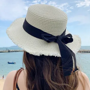 Women's straw sun hat with black ribbon, Korean style wide brim summer beach hat.