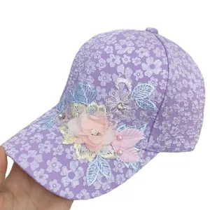 Gorra de béisbol mujer morada con encaje floral perlas bordadas sombrero de sol veraniego
