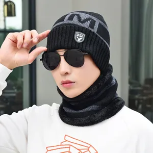 Dicke warme Strickmütze und Nackenschwärmer Set für Herren Winter Fleece gefüttert schwarz