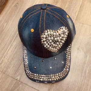 Mode Gewassen Denim Look Honkbalpet Met Strass Klinknagels Voor Heren Dames Casual Zonnescherm Gebogen Visier Zonnehoed