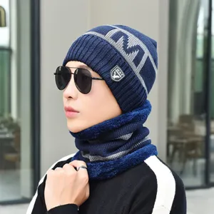 Herren Winter warm gestrickte Mütze und Schal Set dicker Fleece gefüttert kältesicher