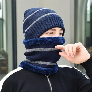 Herren Winter warme Strickmütze und Nackenwärmer Set, dickes Fleece gefütterte Thermokappe.