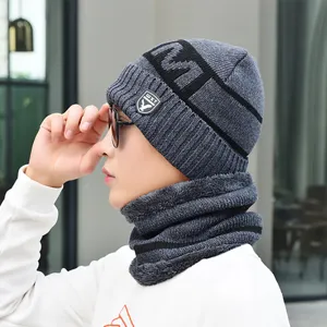 Herren Winter dicke Strick Mütze und Schal Set warm Fleece gefüttert grau kaltes Wetter