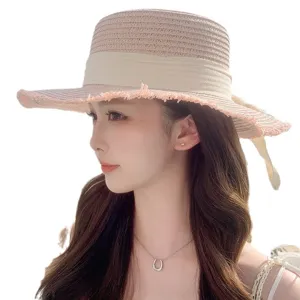 Women's summer wide brim straw hat with elegant ribbon breathable sun protection beach cap