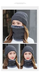 Winter warme Strickmütze und Plüschschal Set für Damen, gefütterte dicke Kälteschutzmütze.