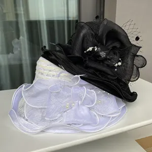 Vrouwen elegante kant golf rand 3D bloem zonnedoek detail, stijlvolle parel feest hoed.