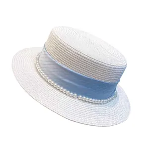 Chapeau de paille blanc femme ruban bleu clair et perles chapeau de soleil élégant