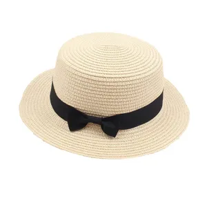 Chapeau de paille plat minimaliste pour femme avec nœud noir protection solaire plage ete