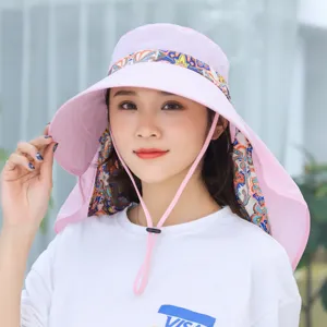 Wide brim sun hat with neck flap and paisley ribbon for outdoor travel, hiking, and daily wear.
