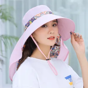Detail shot of womens summer sun protection hat with wide brim and floral band.