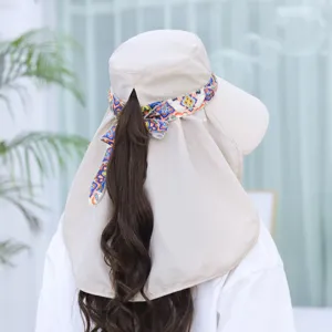 Women summer sun protection hat with large brim and neck flap, ponytail hole outdoor sun visor.