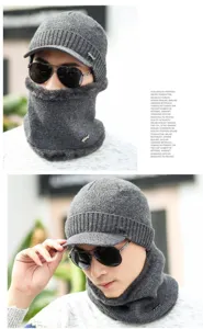 Winter Herren Strickmütze und Halswärmer Set gefüttert dicke Beanie Mütze grau outdoors