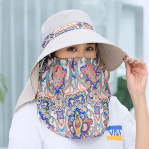 Women sun hat with wide brim and paisley face cover for outdoor summer cycling and fishing.