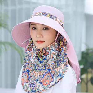 Close-up detail of women's summer sun protection hat with floral neck flap and wide brim.
