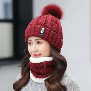 Women winter fleece lined knitted beanie hat and scarf set warm cozy thick soft pompom