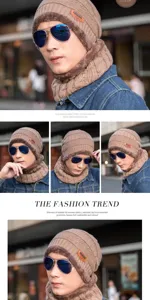 Men winter warm knitted beanie hat and thick fleece lined scarf set brown thermal cap for cold.