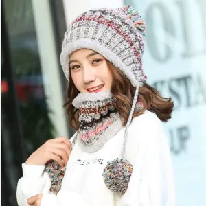 Colorful knit beanie with pom-poms and fleece lining neck warmer for women's winter warmth