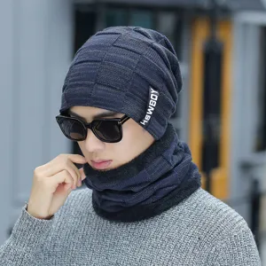 Set heren warme gebreide muts en sjaal detail, dikke fleece gevoerde winddichte wintermuts.