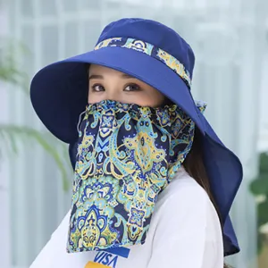 Detailed view of the summer sun protection hat with face shield and neck flap in blue paisley.