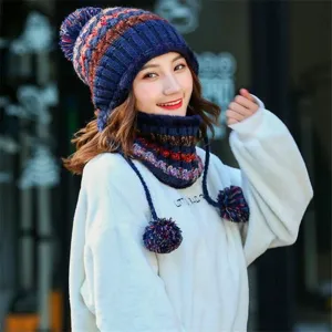 Stylish women's variegated knit pom-pom hat and matching neck warmer set on model