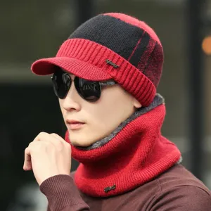 Winter Strickmütze mit Schirm und Halswärmer Set für Herren, thermisch gefütterte Kälteschutzausrüstung.
