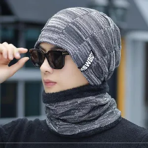 Stijlvolle winter heren warme gebreide muts en fleece nekwarmer set, winddichte muts.