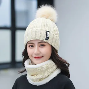 Fleece lined winter knitted hat and scarf set for women, warm fashion beanie with pom pom.