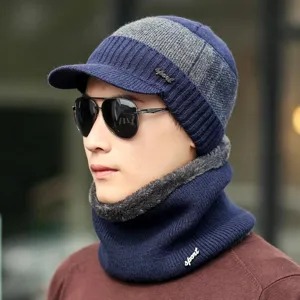 Herren Winter Warm Strickmütze Halswärmer Set Fleece Gefüttert Farbblock Sturmhaube Winddicht Outdoor Radfahren Beanie Mütze Für Herren