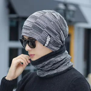 Winter heren warme gebreide muts en fleece nekwarmer set, winddichte outdoor fietsmuts.