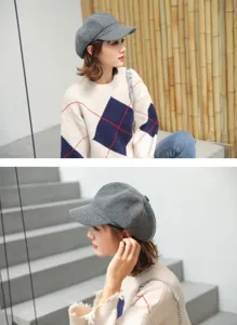 Detailed close-up view of the grey wool newsboy hat showcasing its texture and versatile style.